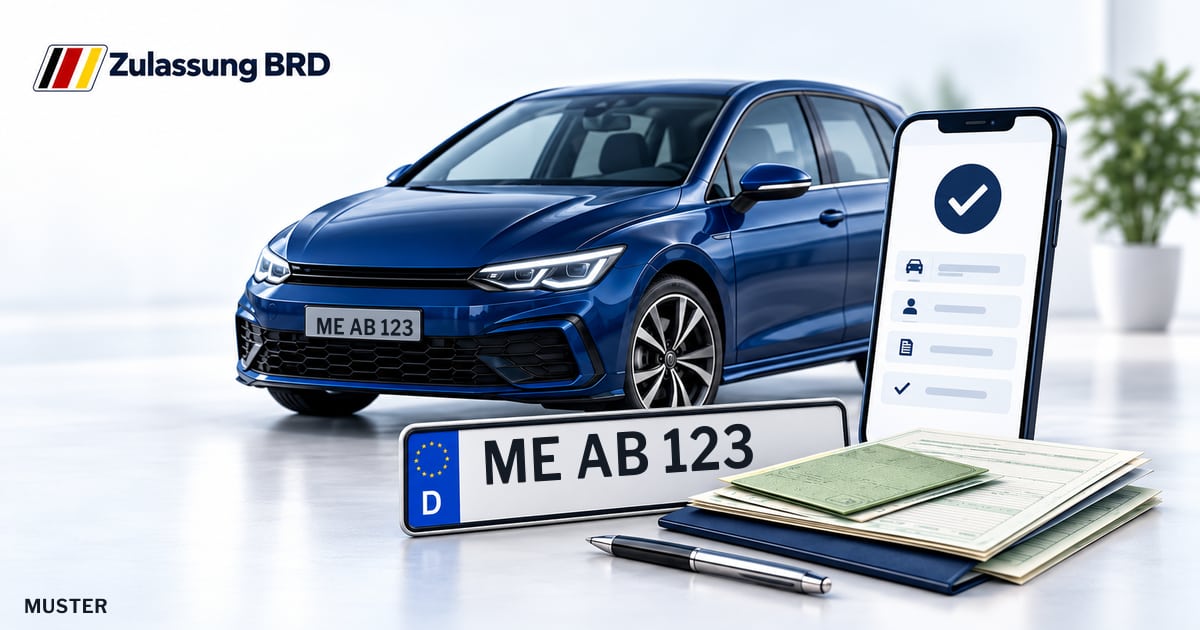 Online Fahrzeugzulassung in Velbert: Musterkennzeichen ME AB 123, Auto und Fahrzeugpapiere und Smartphone. Illustration mit Logo von Zulassung BRD.